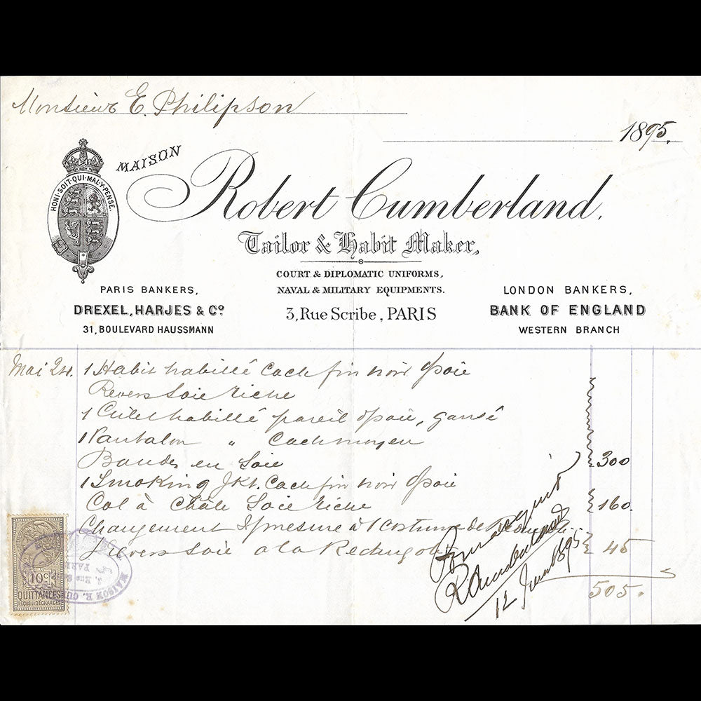Cumberland - Facture du tailleur, 3 rue Scribe à Paris (1895)