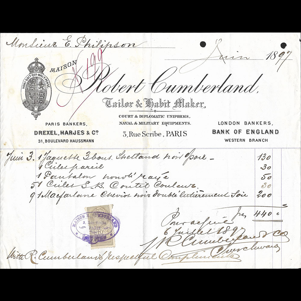 Cumberland - Facture du tailleur, 3 rue Scribe à Paris (1897)