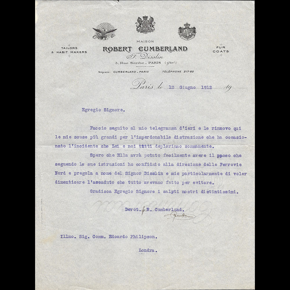 Cumberland - Lettre du tailleur, 3 rue Scribe à Paris (1912)