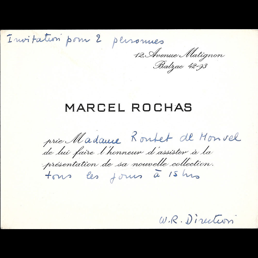 Marcel Rochas - Carton d'invitation de la maison de couture, 12 avenue Matignon à Paris (1950s)