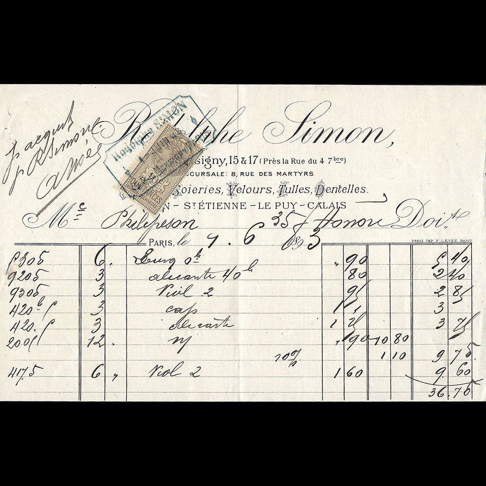 Rodolphe Simon - Facture du magasin de tissus, 15-17 rue Monsigny à Paris (1893)