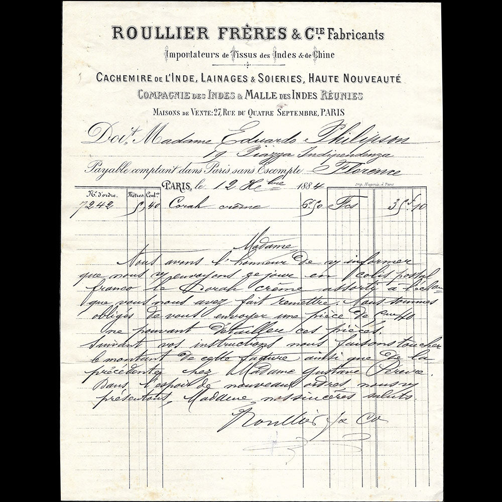 Roullier Frères - Facture du magasin de tissus des Indes et de la Chine, 27 rue du quatre septembre à Paris (1884)