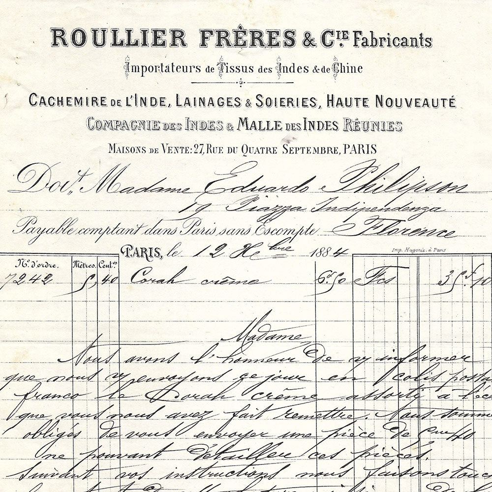 Roullier Frères - Facture du magasin de tissus des Indes et de la Chine, 27 rue du quatre septembre à Paris (1884)