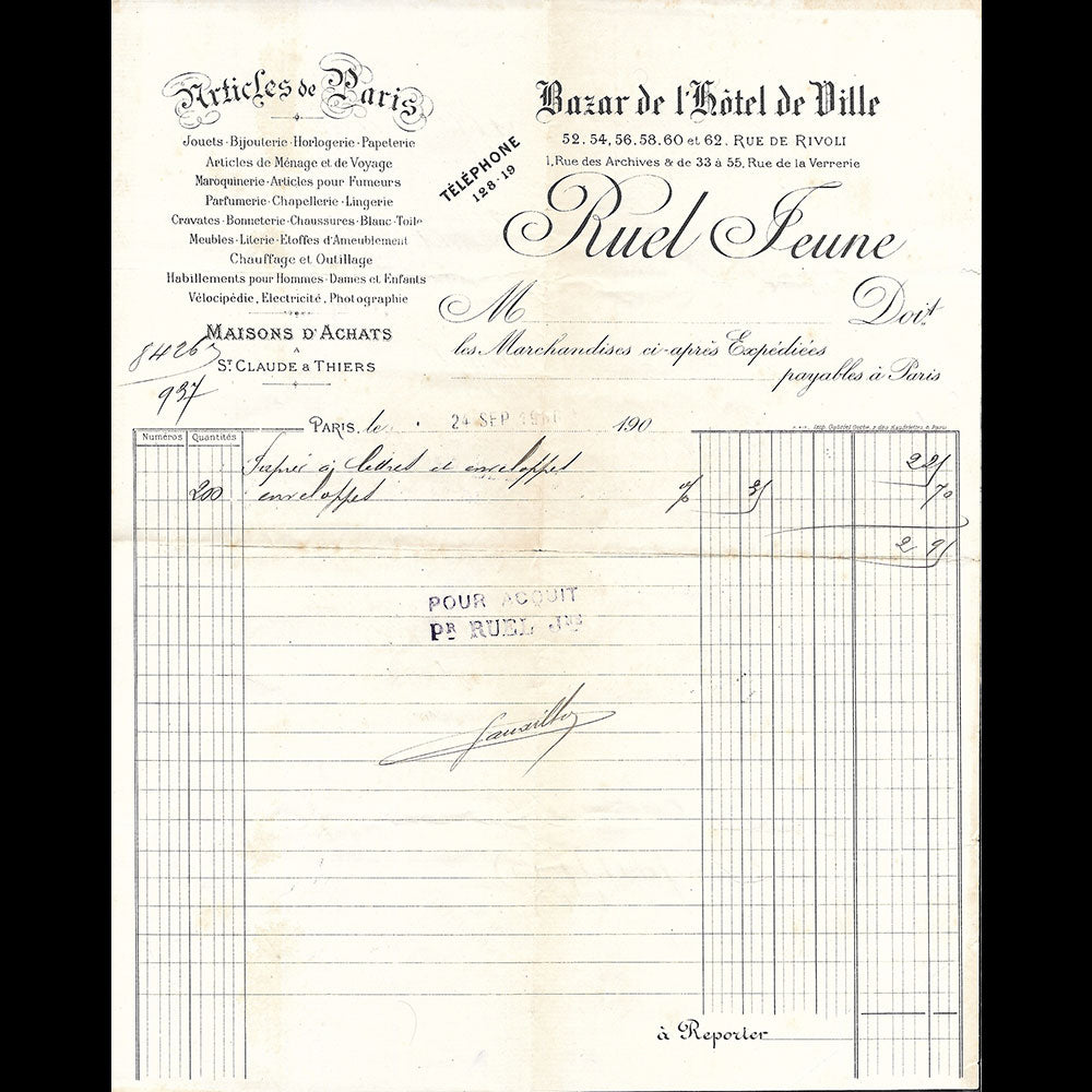 Bazar de l'Hotel de Ville - Facture du magasin 42-62 rue de Rivoli à Paris (1900s)