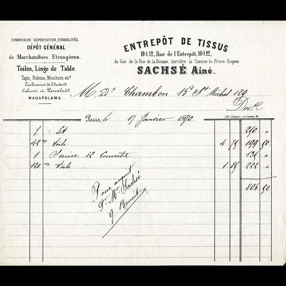 Sachsé Ainé - Facture de l'Entrepôt de tissus, 10 & 12 rue de l'Entrepôt à Paris (1870)