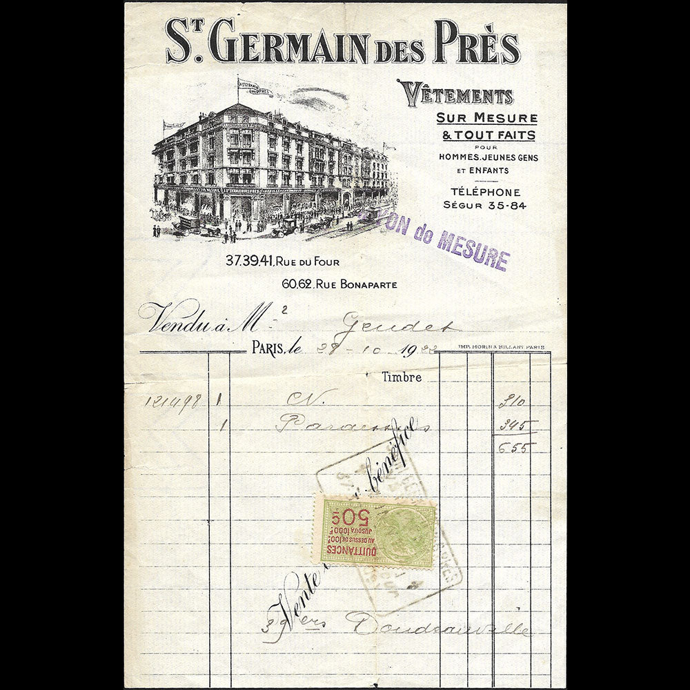 Saint Germain des Prés - Facture du magasin de vêtements, 37-49-41 rue du Four à Paris (1922)