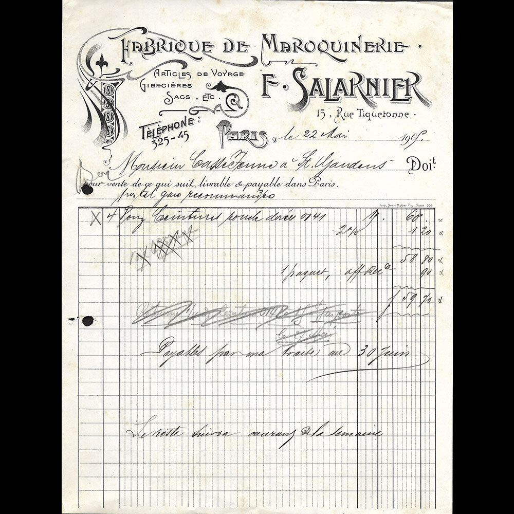 Salarnier - Facture de la maison de maroquinerie, 15 rue Tiquetonne à Paris (1905)