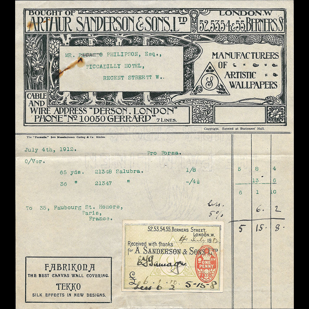 Arthur Sanderson & Sons - Facture de la maison de papiers peints, 52-55 Berners St. London (1912)