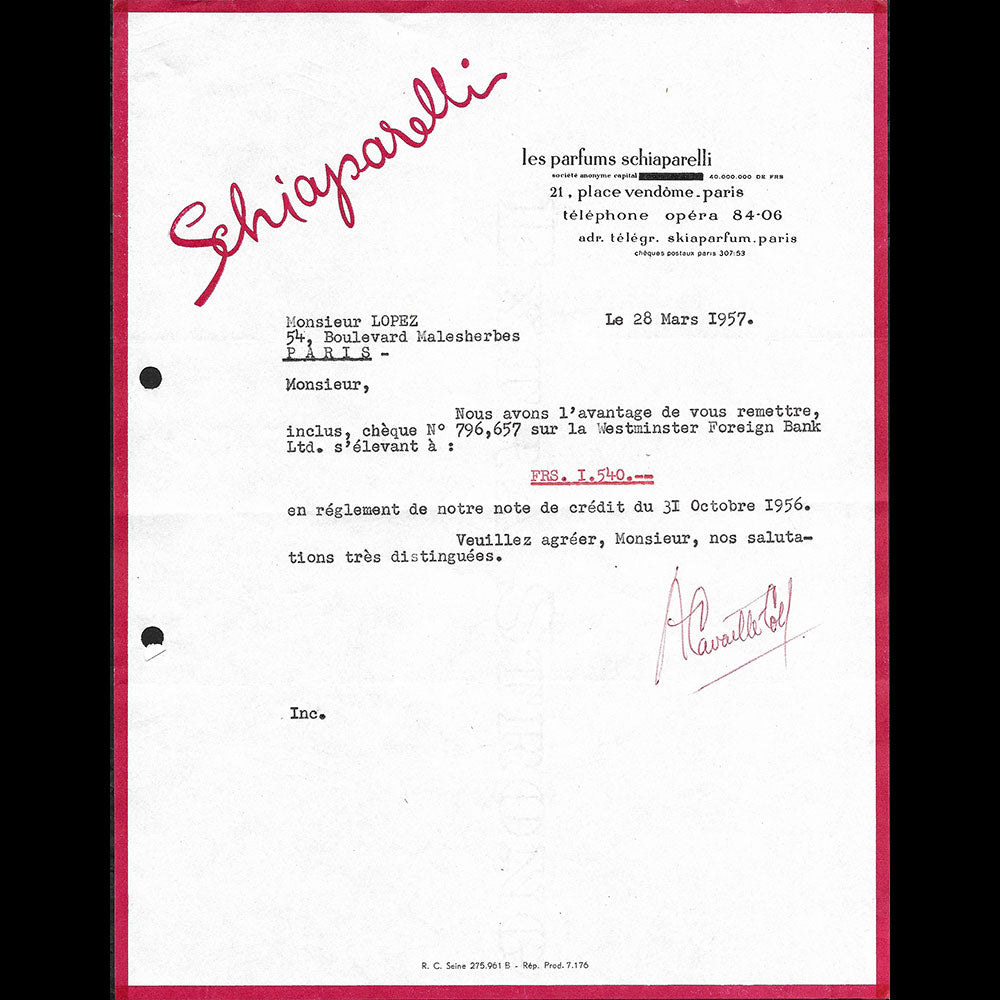 Schiaparelli Parfums - Lettre de la maison de parfums, 21 place Vendôme à Paris (1957)
