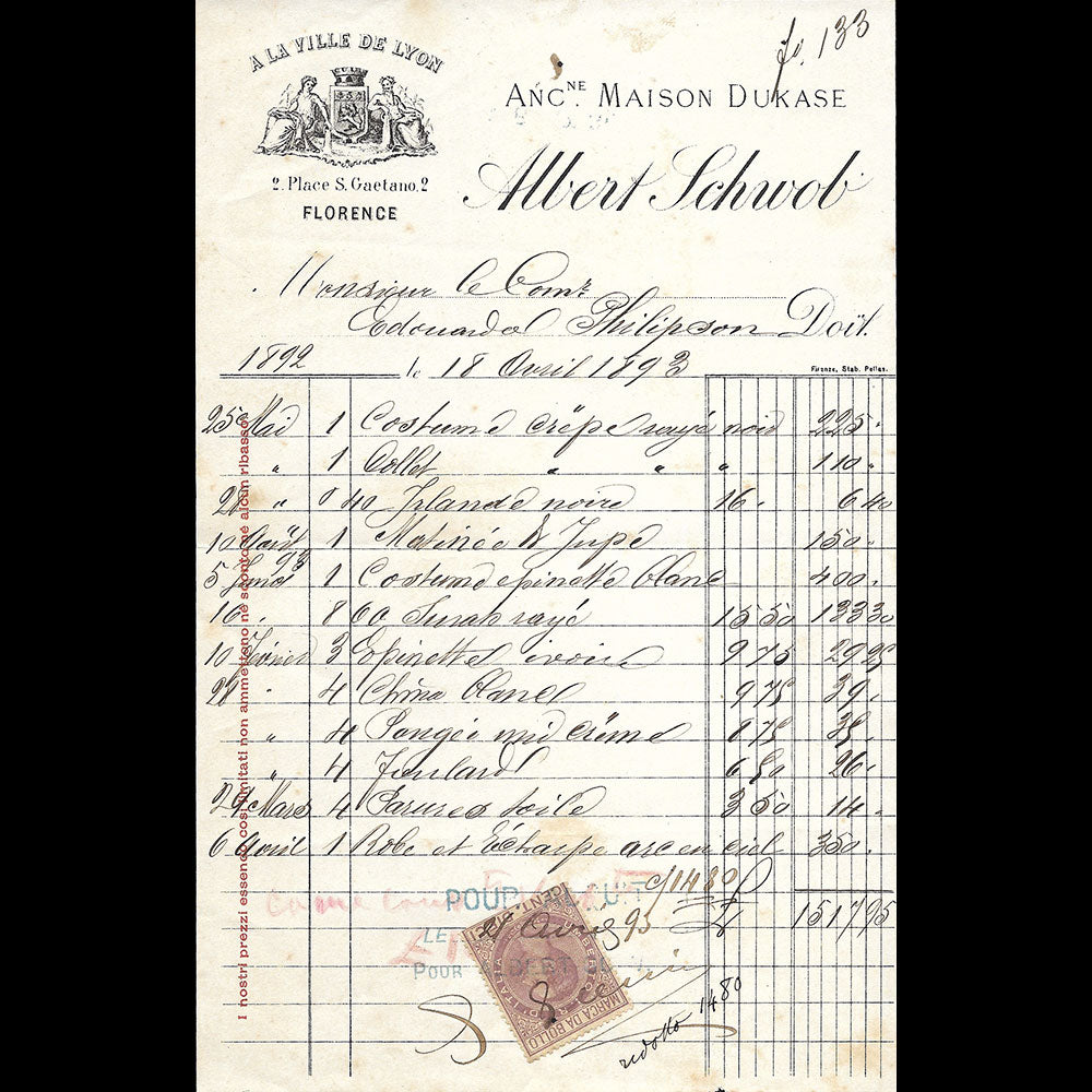 Albert Schwob - Facture de la maison A la Ville de Lyon, 2 Place S. Gaetano Firenze (1893)