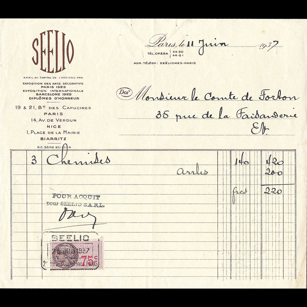 Seelio - Facture du magasin, 19-21 boulevard des Capucines à Paris (1937)