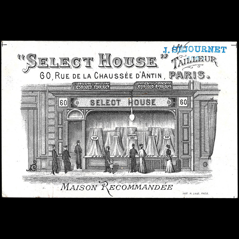 Select House - Carte du tailleur, 60 rue de la Chaussée d'Antin à Paris (1890s)