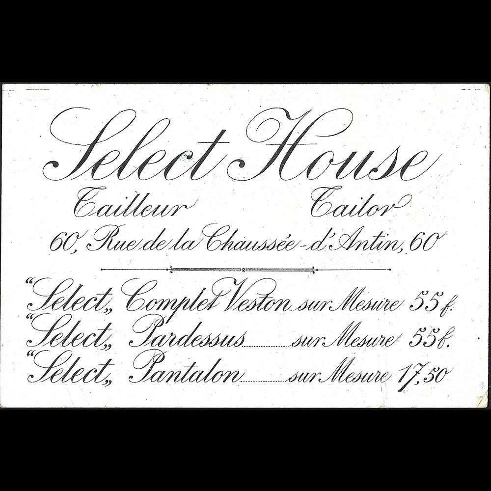 Select House - Carte du tailleur, 60 rue de la Chaussée d'Antin à Paris (1890s)