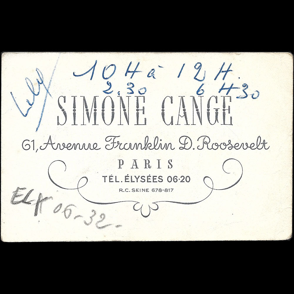 Simone Cange - Carte de la maison de chapeaux, 61 avenue Franklin Roosevelt à Paris (1940s)