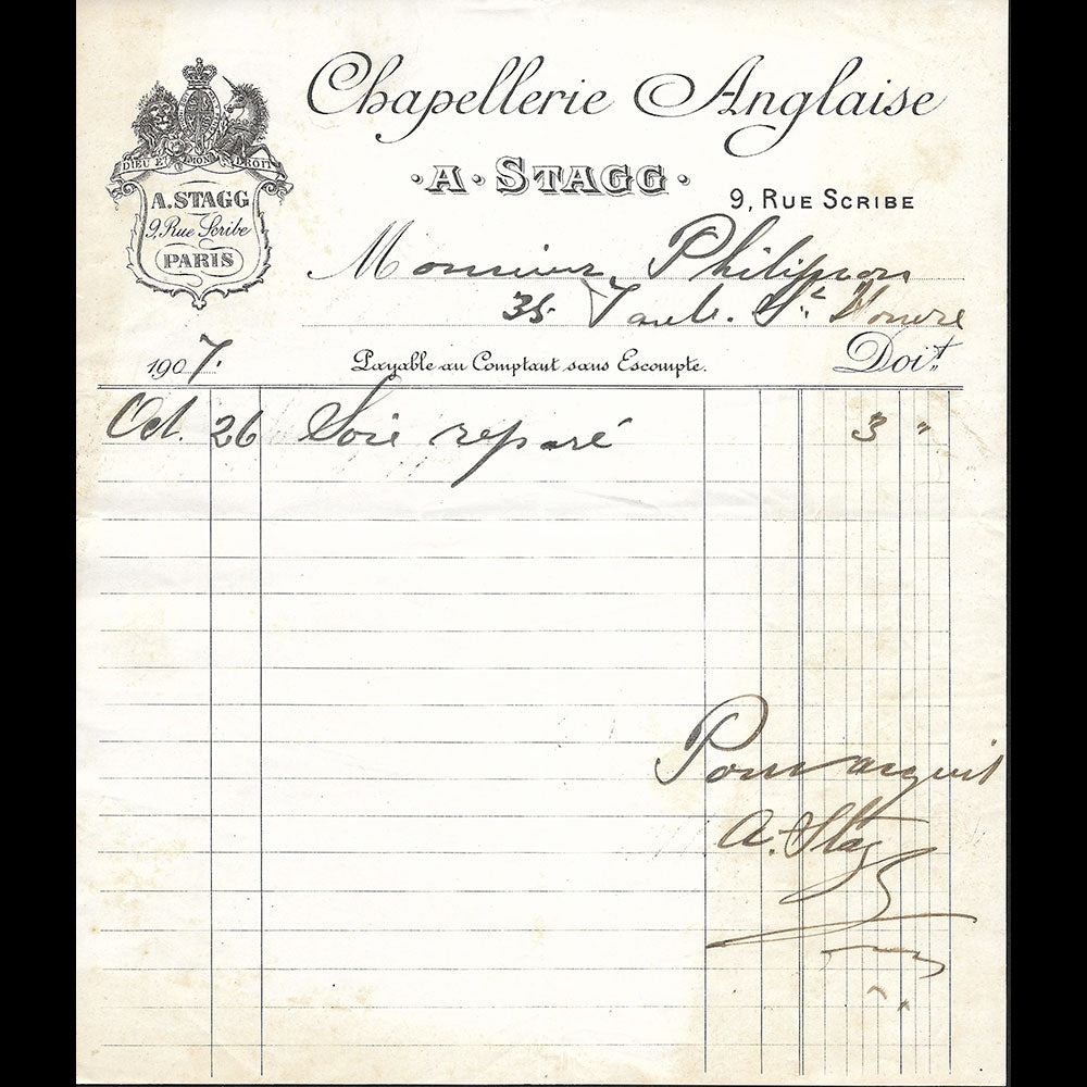 A. Stagg - Facture de la maison de chapellerie anglaise, 9 rue Scribe à Paris (1907)