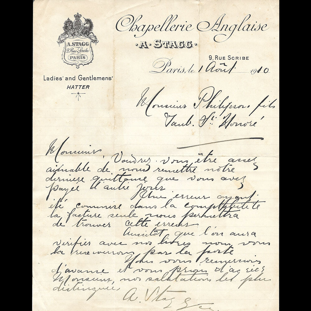 A. Stagg - Facture de la maison de chapellerie anglaise, 9 rue Scribe à Paris (1910)