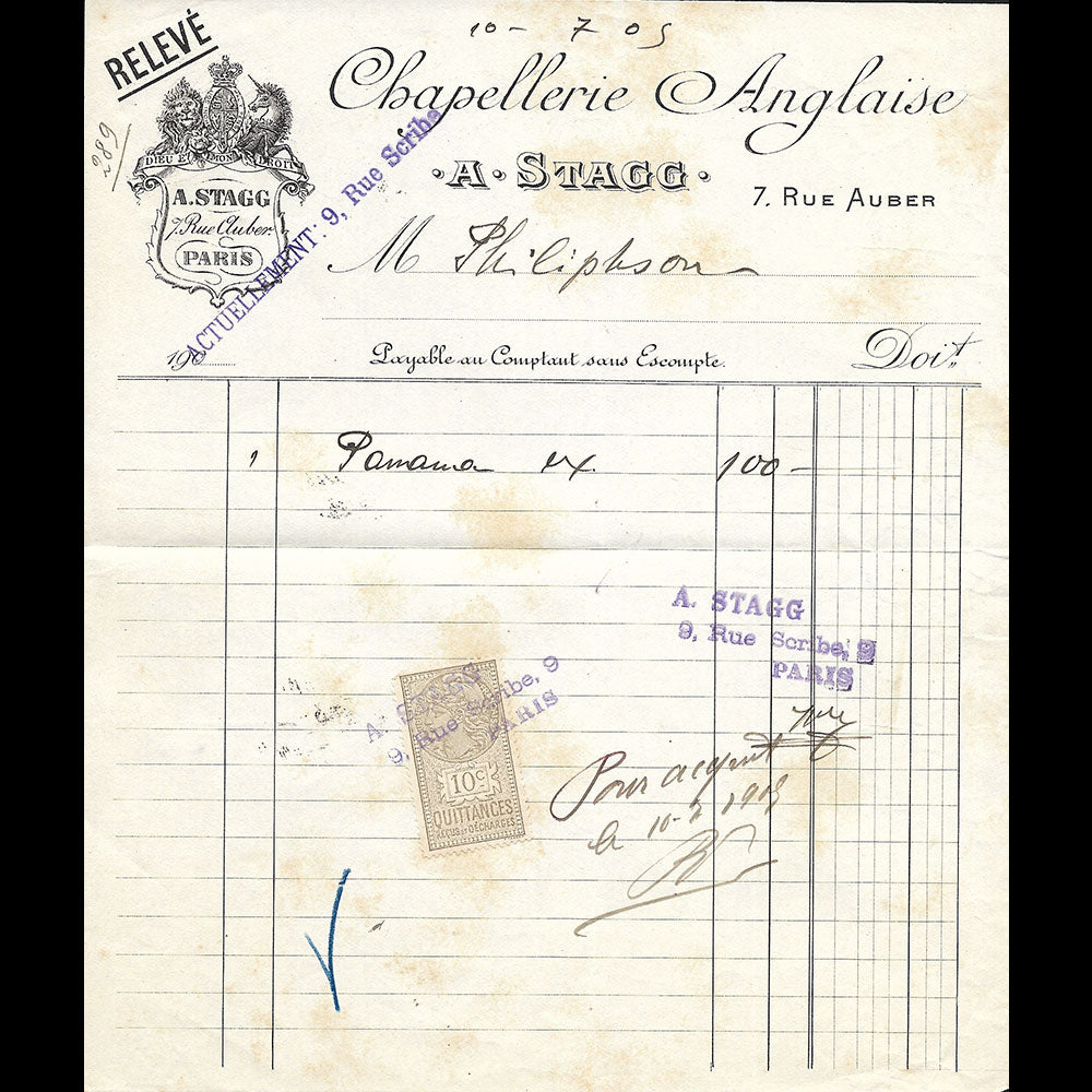 A. Stagg - Facture de la maison de chapellerie anglaise, 7 rue Auber à Paris (1905)