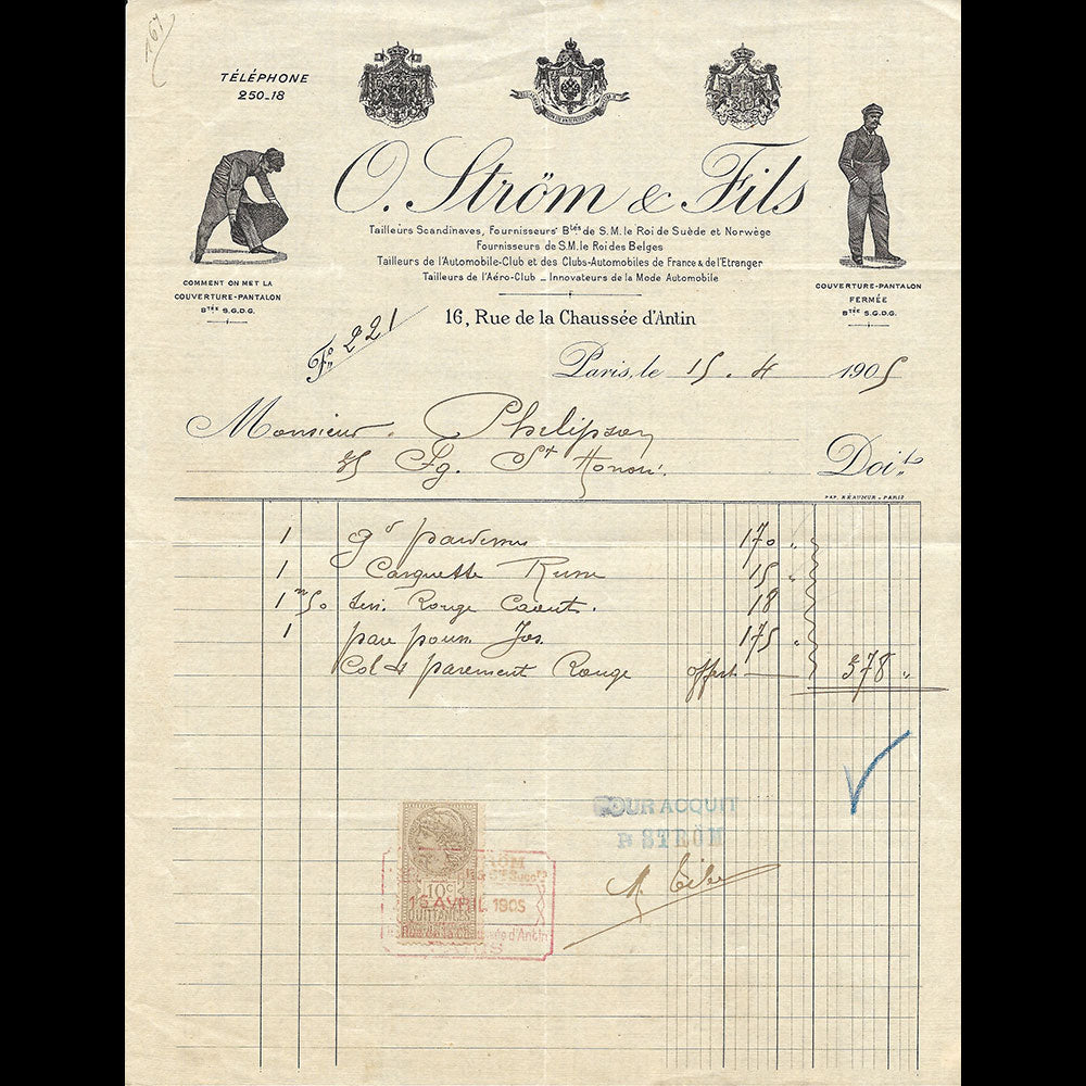 Ström & Fils - Facture du tailleur, 16 rue de la Chaussée d'Antin à Paris (1905)