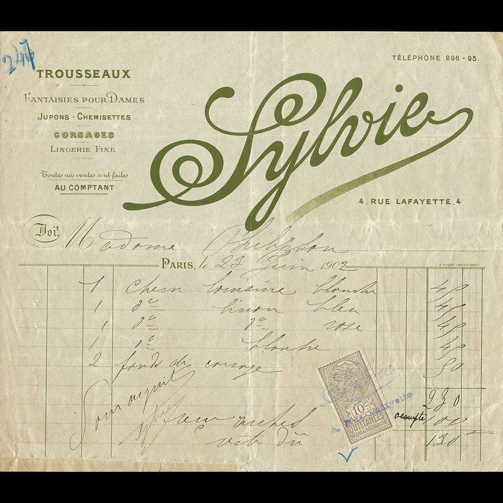Sylvie - Facture de la maison de trousseaux, 4 rue Lafayette Paris (1902)