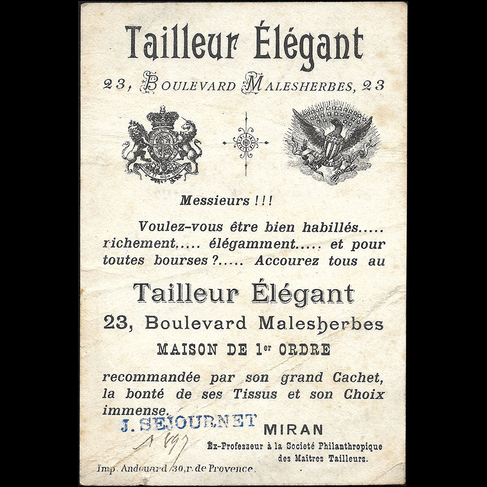 Tailleur Elégant - Carte du tailleur A. Miran, 23 boulevard Malesherbes à Paris (1897)