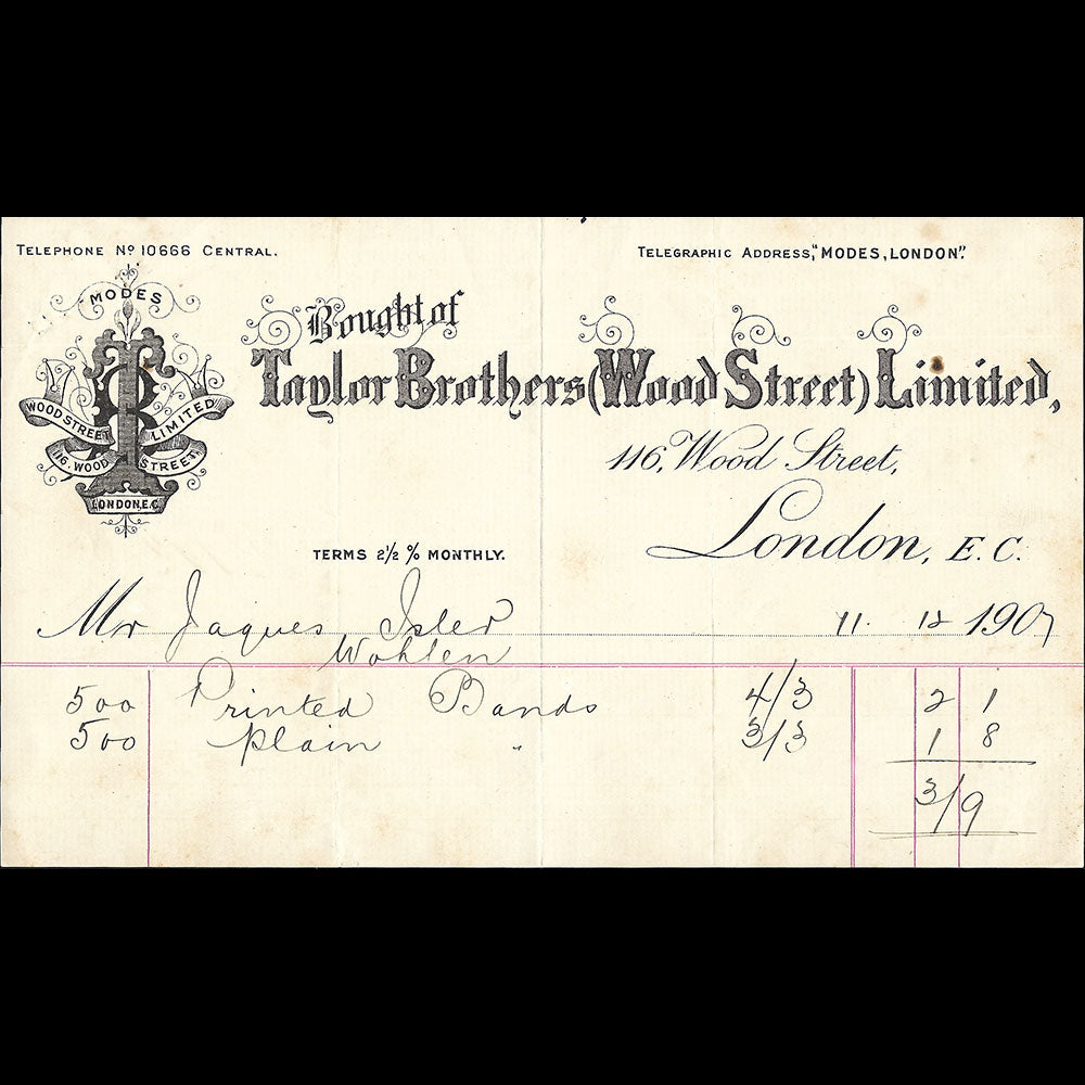 Taylor Brothers - Facture de la maison de chapellerie, 116 Wood Street, London (1907)