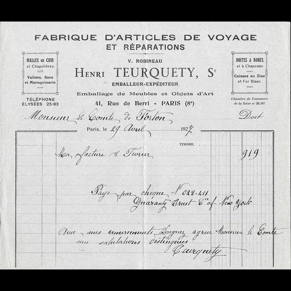 Henri Teurquety - Facture du fabricant d'articles de voyage, 41 rue de Berri à Paris (1927)