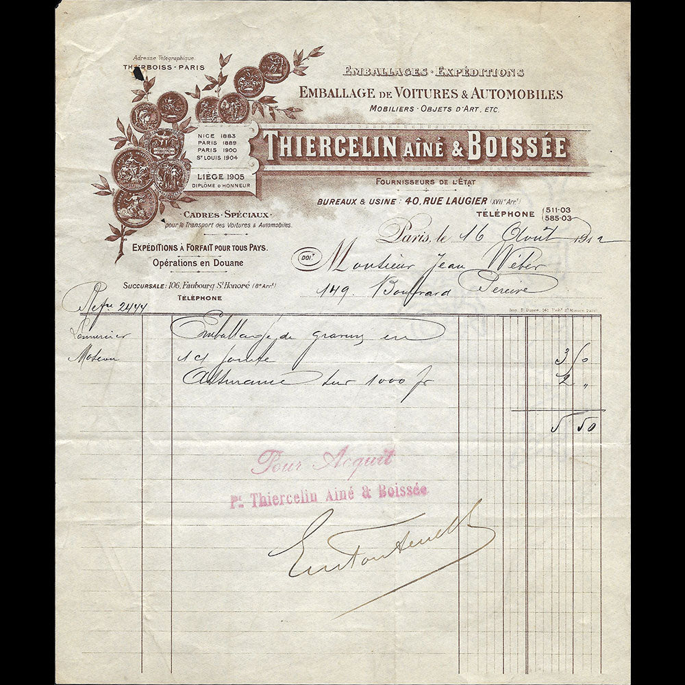 Thiercelin Ainé et Boissée - Facture de l'emballeur expéditeur, 40 rue Laugier à Paris (1912)