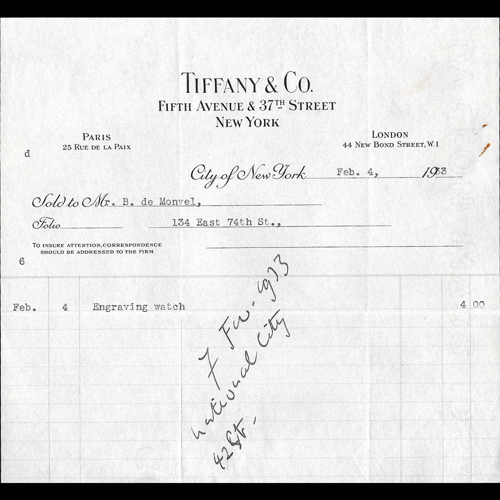 Tiffany & co - Facture de la maison, Fifth Avenue & 37th Street New York (1933)