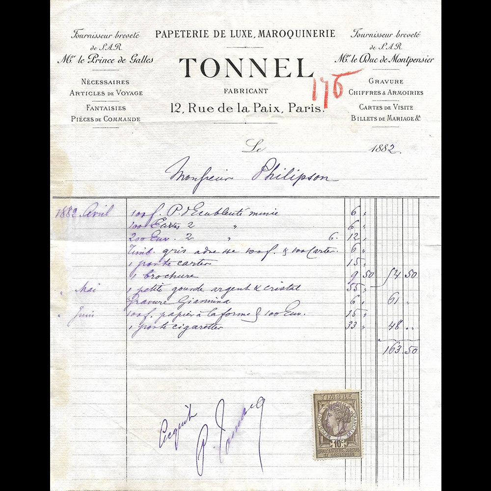 Tonnel - Facture de la maison de papeterie et de maroquinerie, 12 rue de la Paix à Paris (1882)