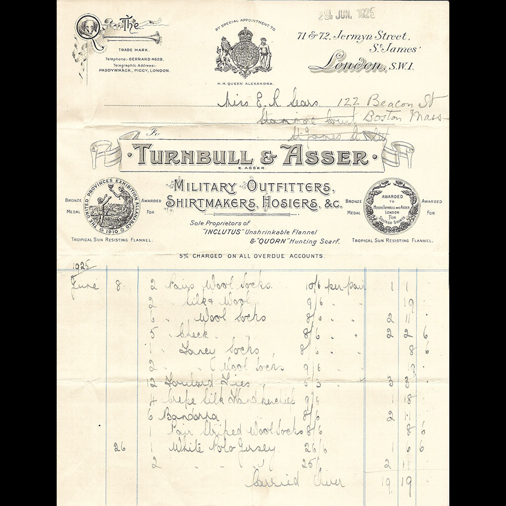 Turnbull & Asser - Facture du chemisier, 71 & 72 Jermyn Street, London (1925)