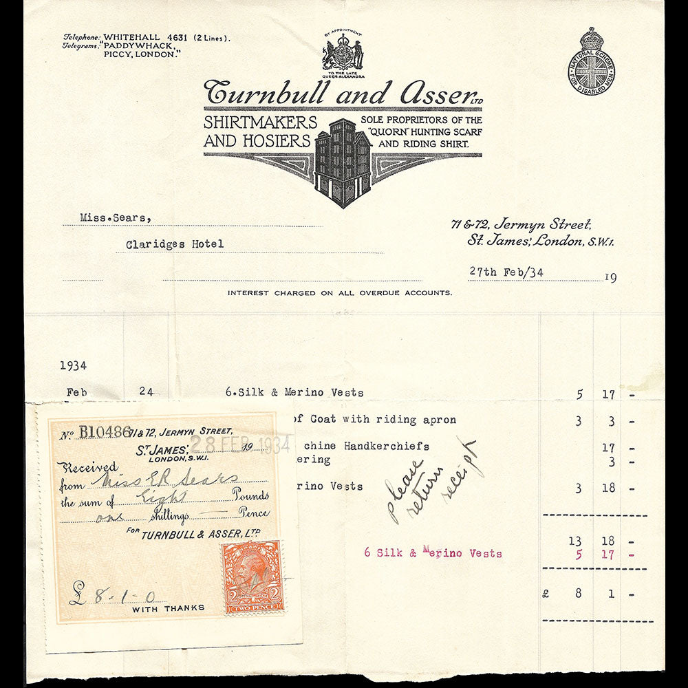 Turnbull & Asser - Facture du chemisier, 71 & 72 Jermyn Street, London (1934)