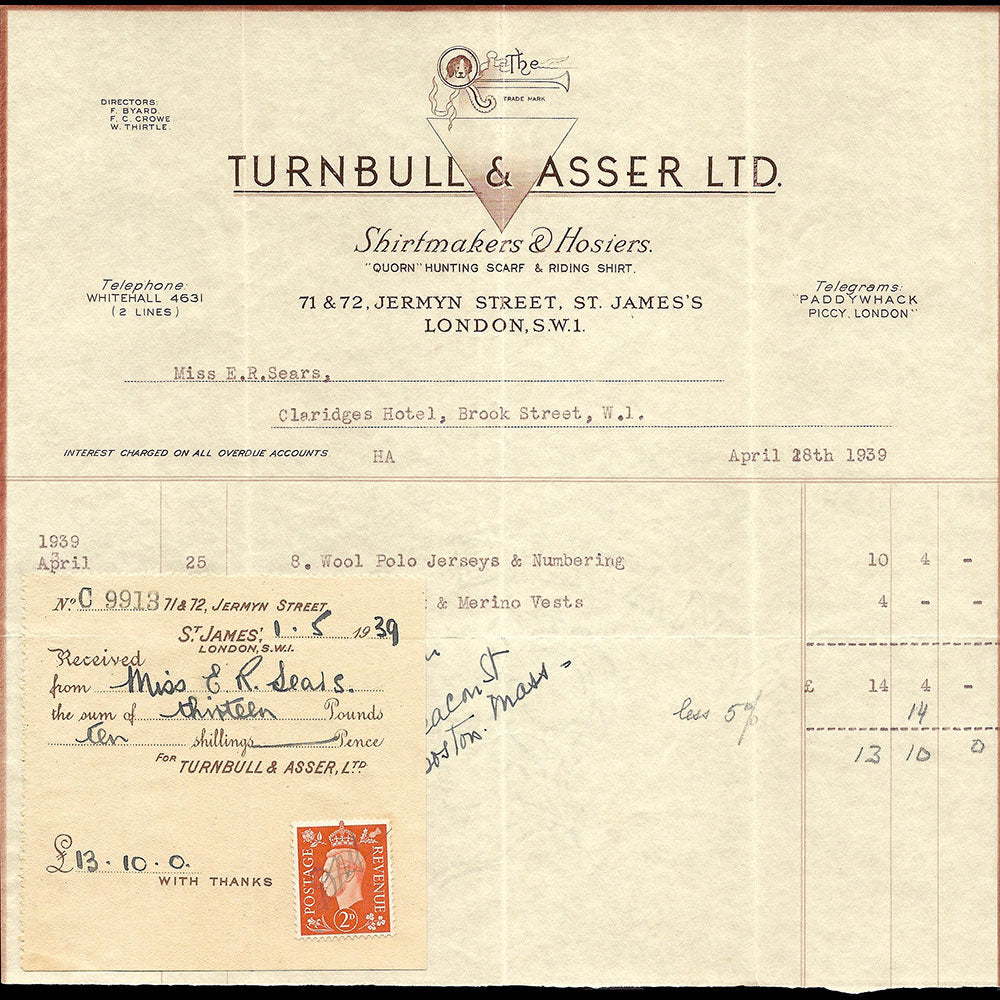 Turnbull & Asser - Facture du chemisier, 71 & 72 Jermyn Street, London (1939)