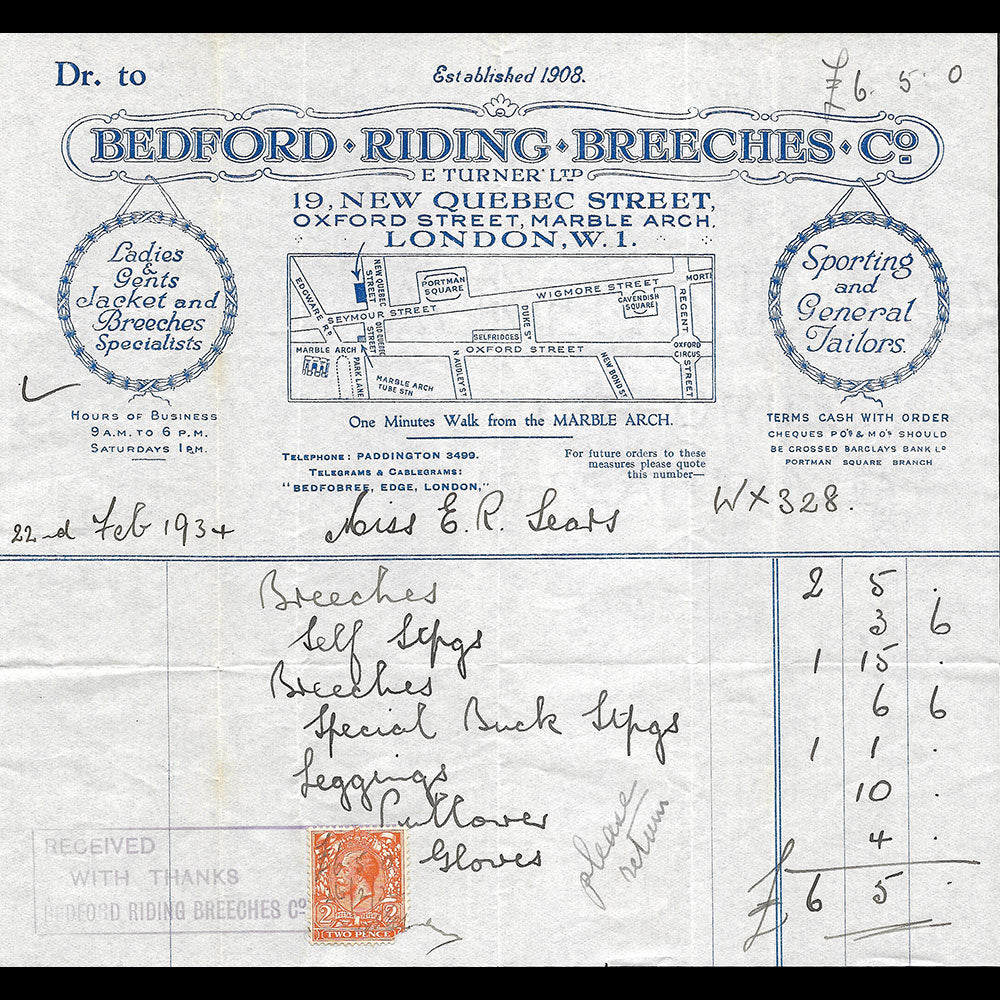 E. Turner Ltd - Facture du tailleur 19 New Oxford Street London (1934)