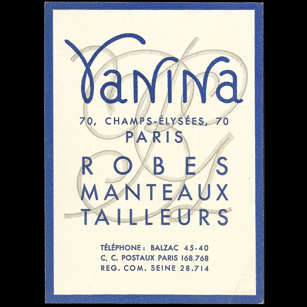 Vanina - Invitation de la maison de couture, 70 Champs-Elysées à Paris (1935)