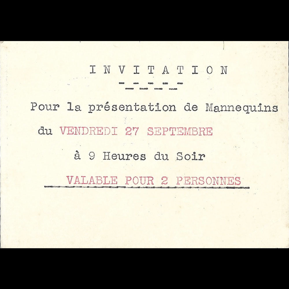 Vanina - Invitation de la maison de couture, 70 Champs-Elysées à Paris (1935)