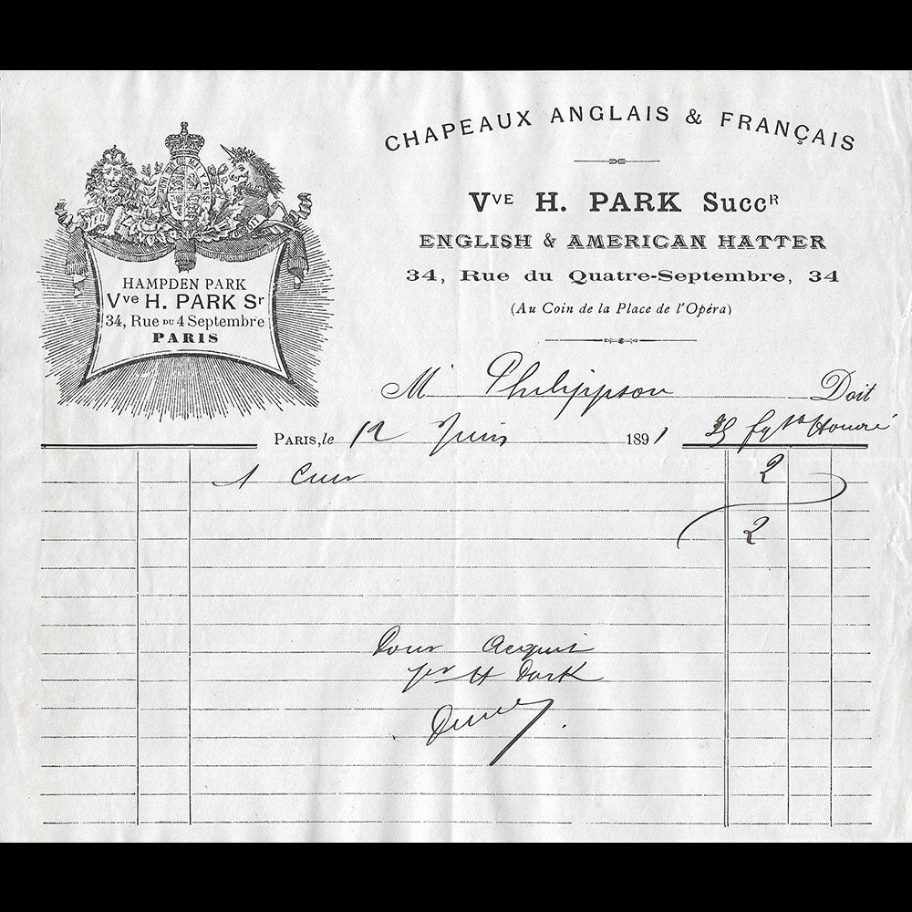 Veuve Hampden Park - Facture de la maison de chapellerie, 34 rue du 4 septembre à Paris (1891)