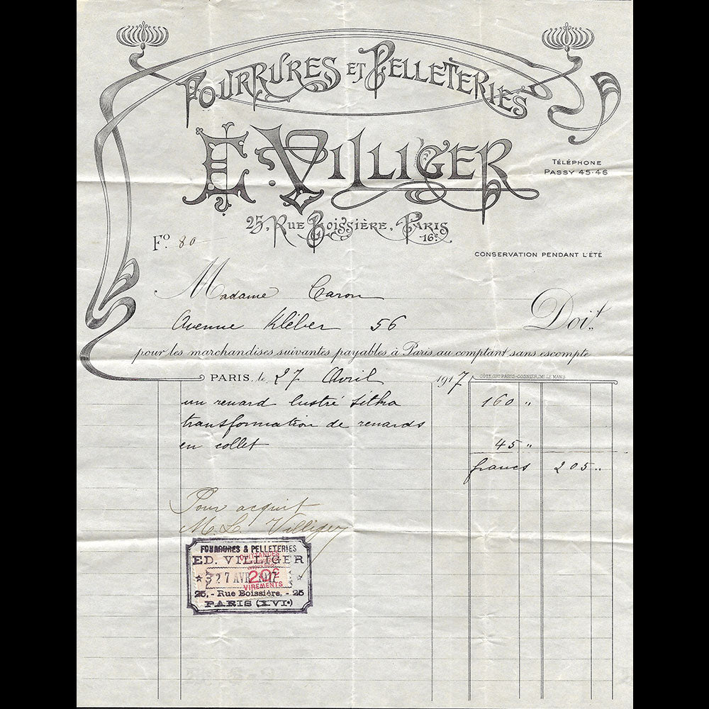 E. Villiger - Facture de la maison de fourrures, 25 rue Boissière à Paris (1917)
