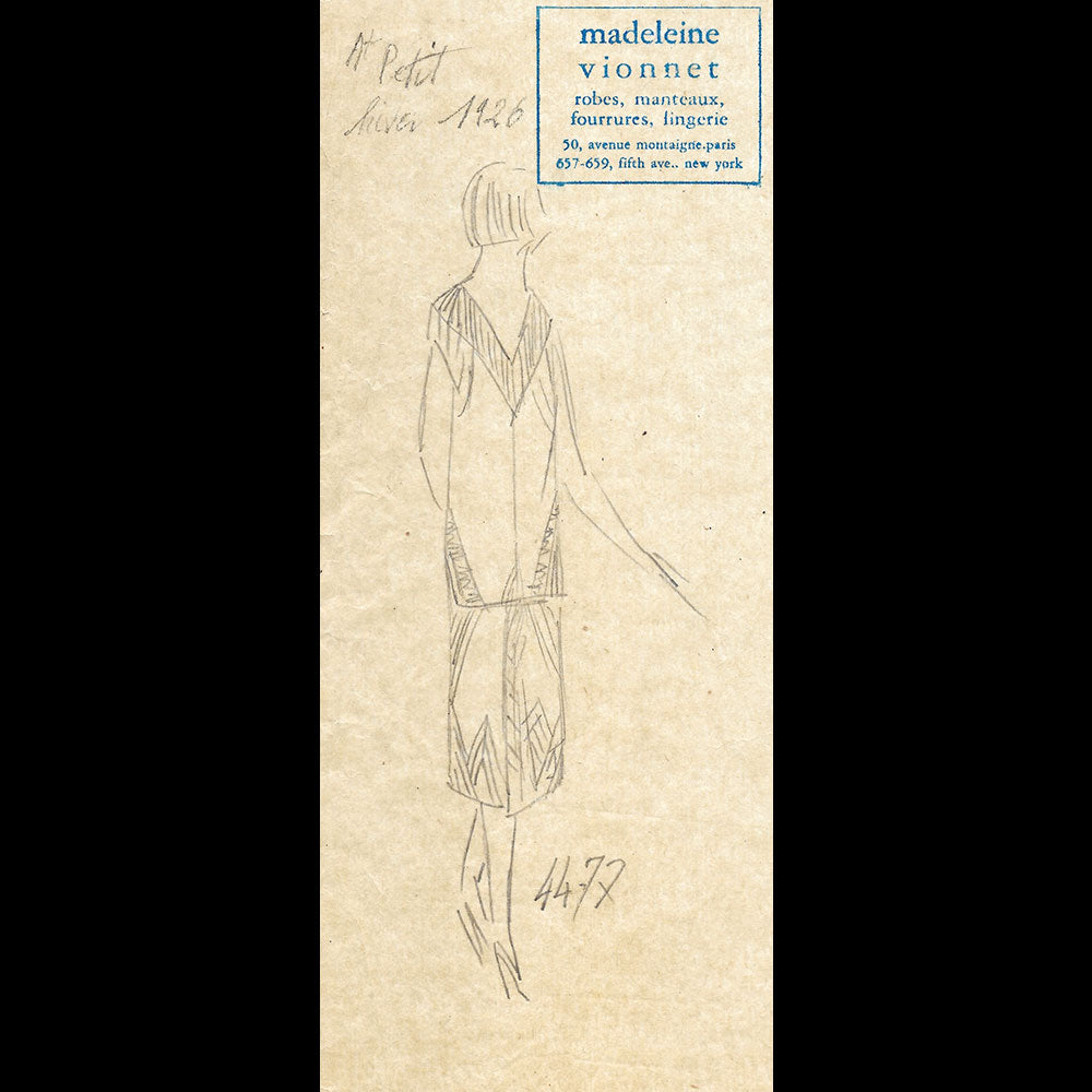 Vionnet - Dessin d'une robe décorée par Jean Dunand (1926)