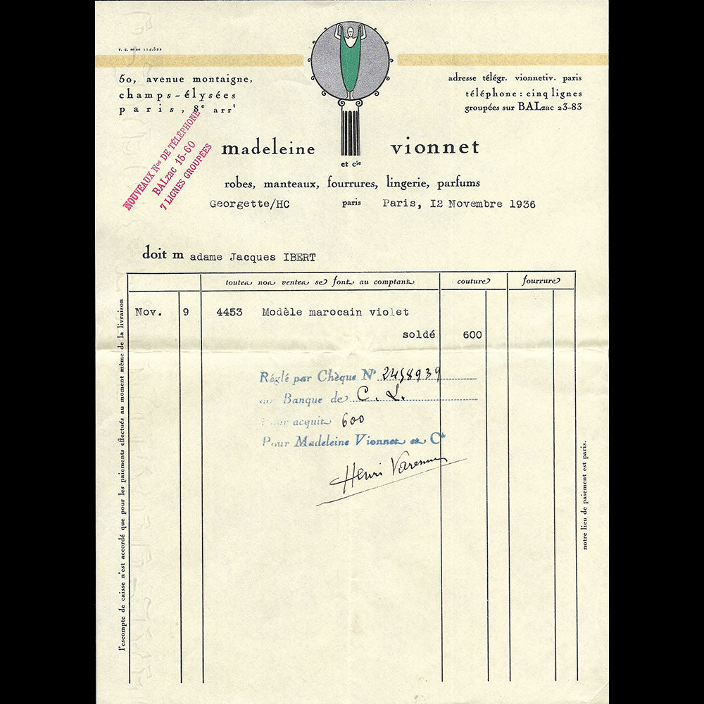 Vionnet - Facture, 50 avenue Montaigne à Paris (1936)
