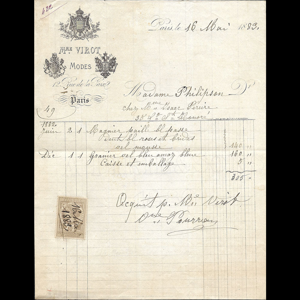 Virot - Facture de la maison de modes, 12 rue de la Paix à Paris (1883)