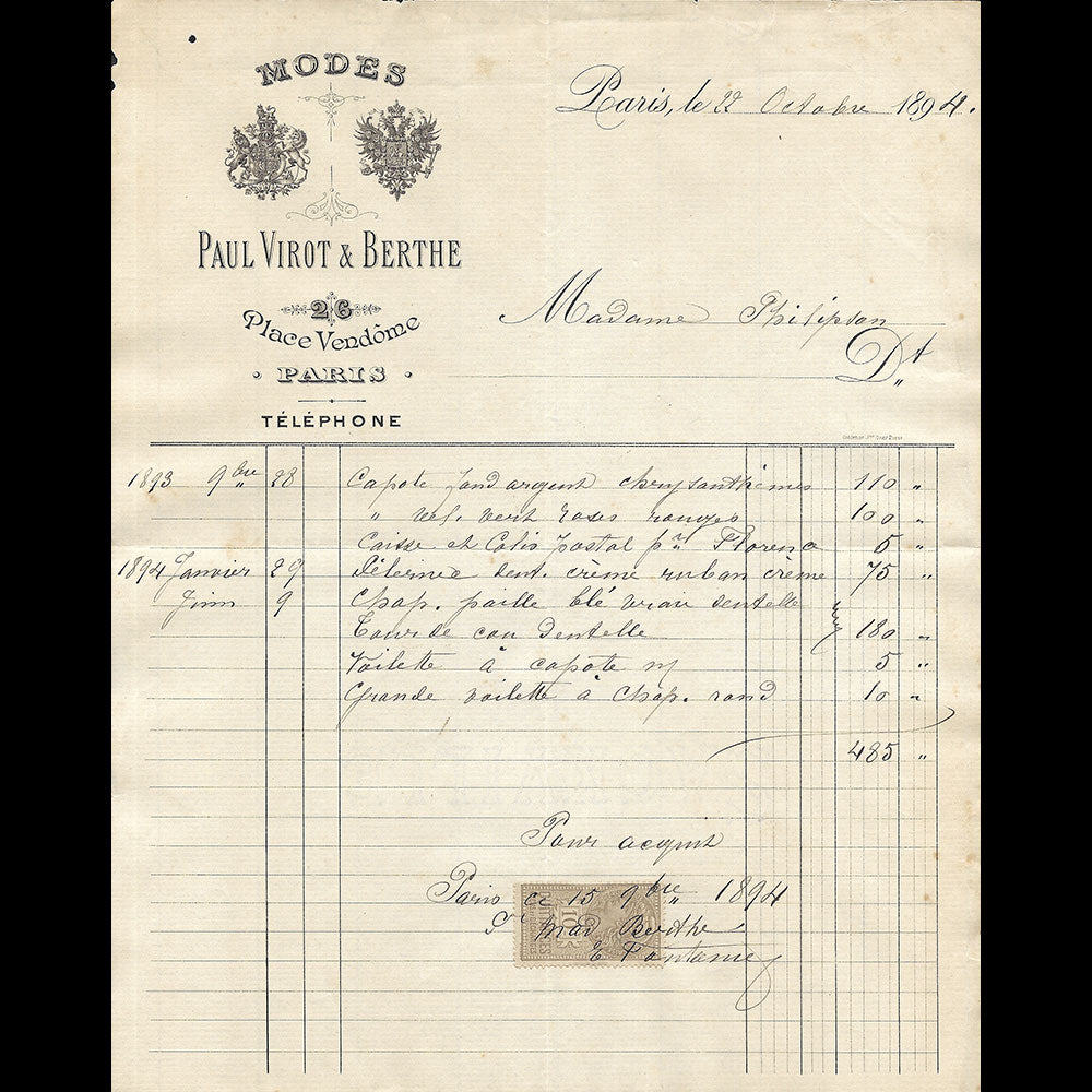 Paul Virot et Berthe - Facture de la maison de modes, 26 place Vendôme à Paris (1894)