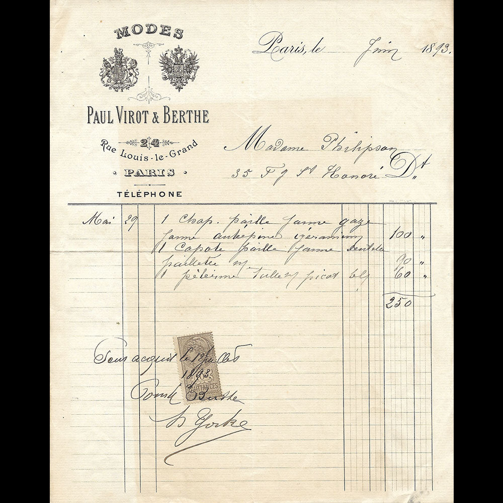 Paul Virot et Berthe - Facture de la maison de modes, 24 rue Louis Legrand à Paris (1893)