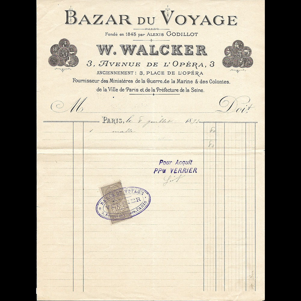 Walcker - Facture du Bazar du voyage, 3 avenue de l'Opéra à Paris (1893)