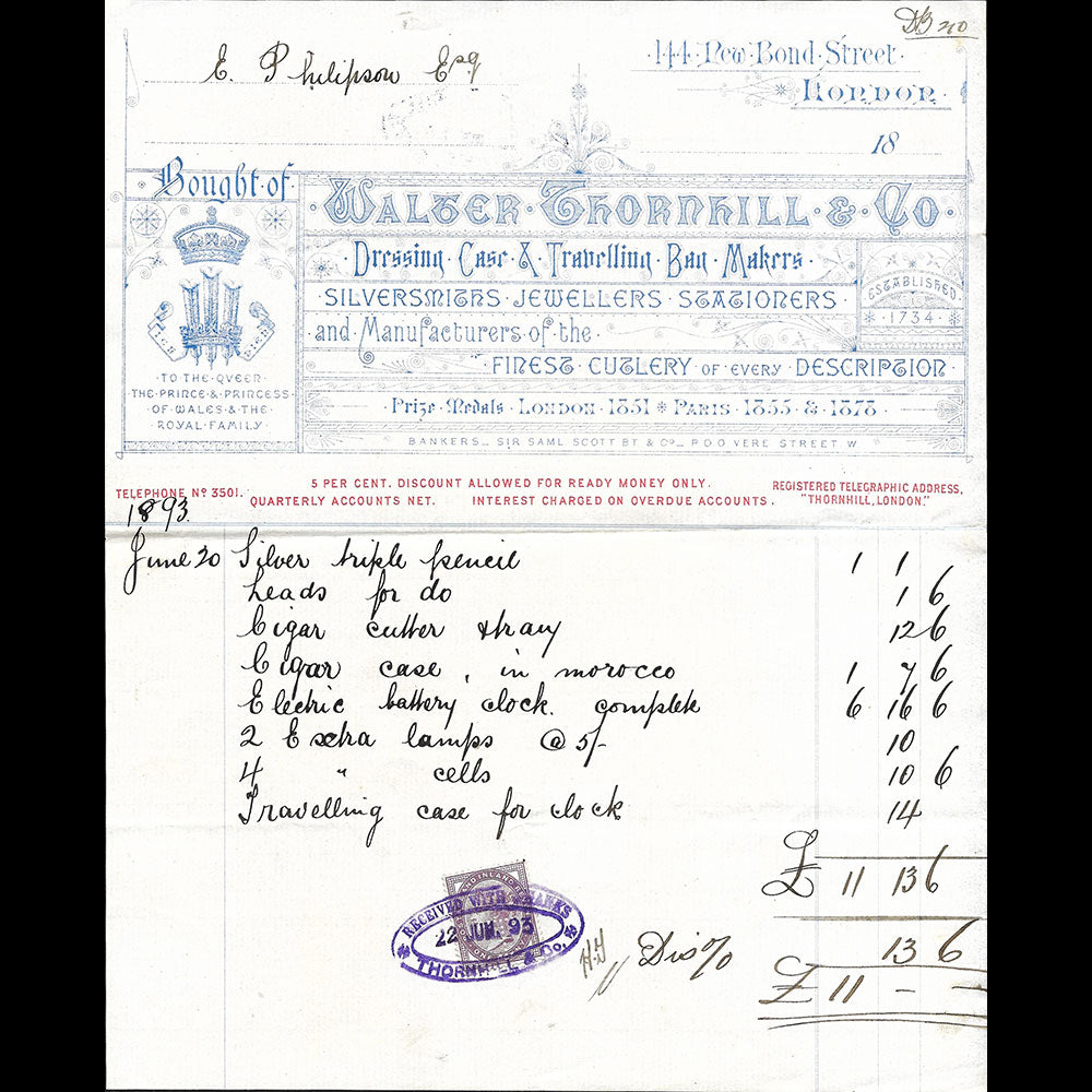 Walter Thornhill  & Co- Facture de la maison, 444 New Bond Street, London (1893)