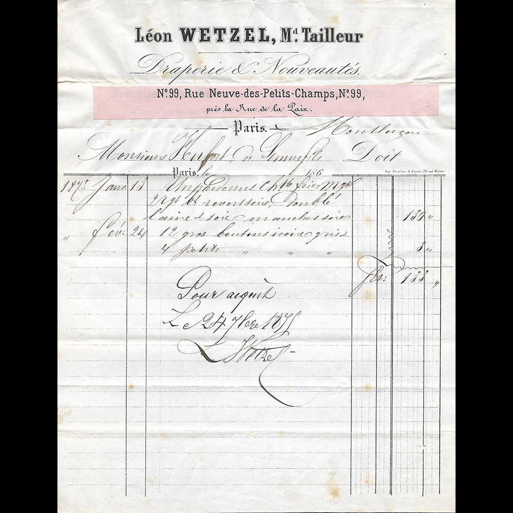 Léon Wetzel - Facture du Marchand tailleur, 99 rue Neuve des Petits Champs à Paris (1875)