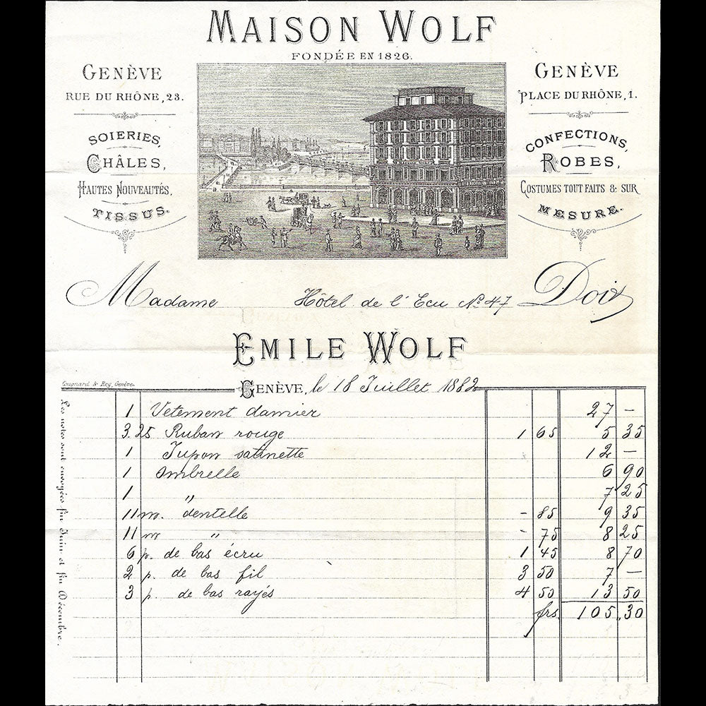 Wolf - Facture de la maison, 23 Rue du Rhône Genève (1882)