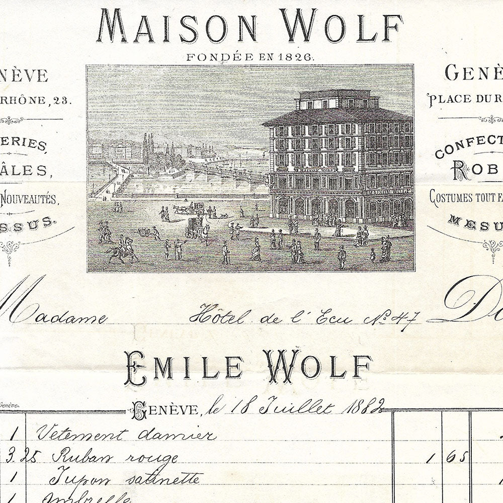 Wolf - Facture de la maison, 23 Rue du Rhône Genève (1882)
