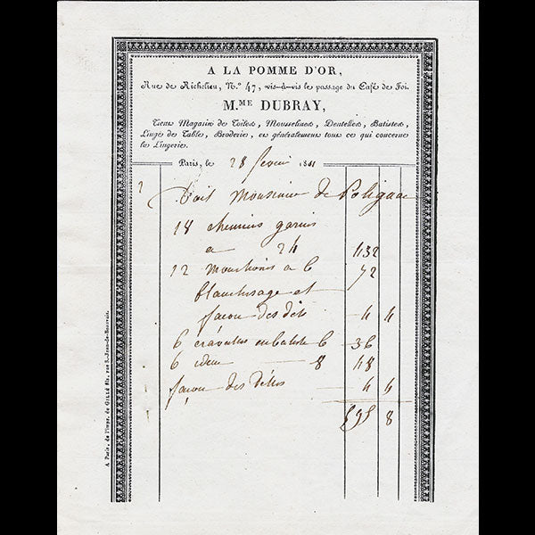 Facture du magasin de toiles A la Pomme d'Or, rue de Richelieu à Paris (1811)