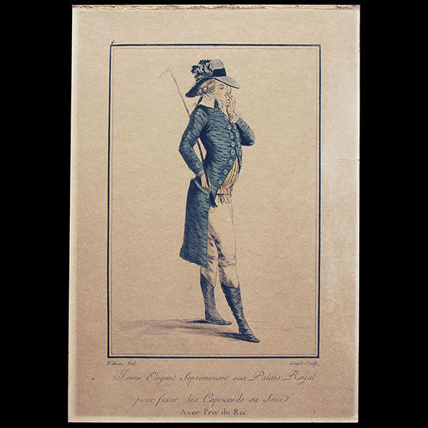 Cris et Costumes de Paris, gravure n°4, Jeune Elegant se promenant aux Palais Royal pour fixer les Caprices de sa Soirée par Watteau en 1786, copie postérieure du XIXème siècle