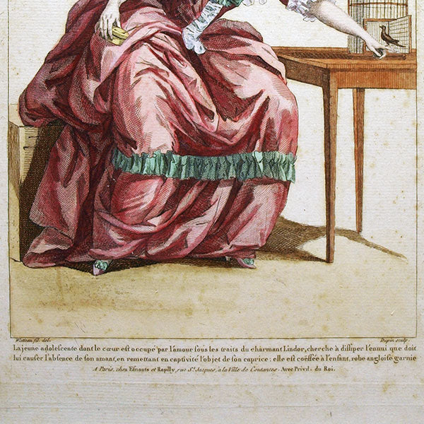 Gallerie des Modes et Costumes Français, 1778-1787, gravure n° bbb 290, Jeune adolescente en robe anglaise par Watteau (1785)